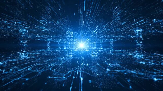Abstract Digital Tunnel with Blue Light and Data Flow.