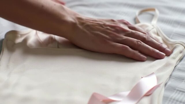 A Close-Up of a Hand Gently Touching a Soft, Plain Camisole with Pink Ribbons on a Serene Surface Representing Tenderness and Care