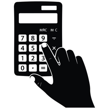 Silhouette vector illustration of hand pressing calculator buttons, line art.
