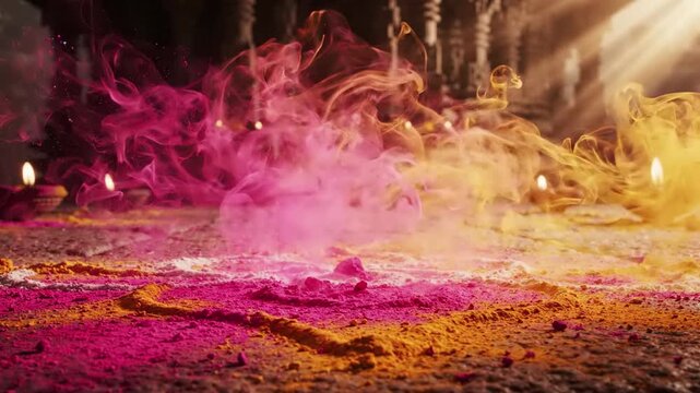 Colorful powder exploding in clouds of pink and yellow over decorative floor patterns with lit diyas, ancient temple background, festival celebration