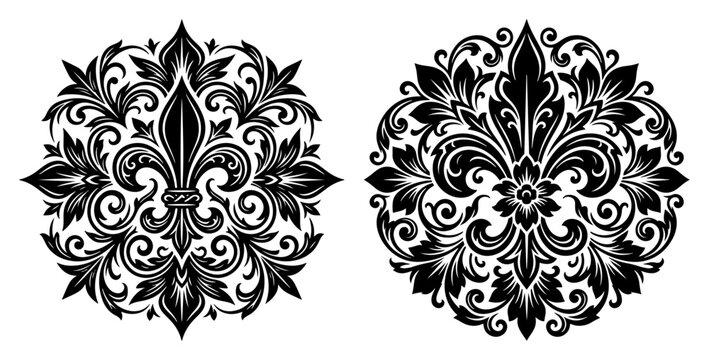 Fleur-de-lis ornaments with intricate baroque floral scrolls in circular design