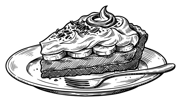 Banana cream pie slice with fork on plate in vintage engraving style
