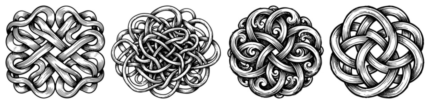 Celtic knot ornament set with circular patterns in vintage engraving style