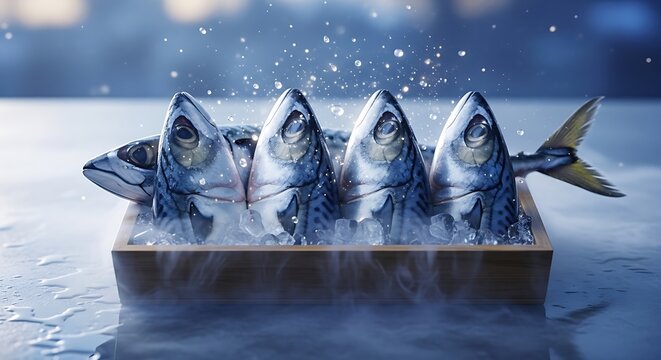 Fresh mackerel fish heads on ice in a wooden box, cold steam effect