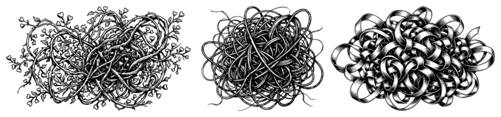 Abstract tangled vine and ribbon clusters set in vintage engraving style © AnjaliDesai
