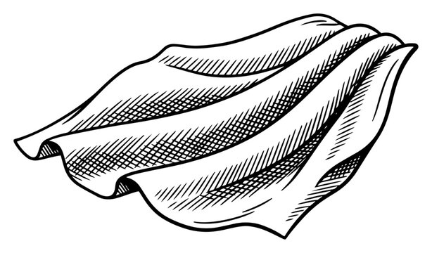 Flowing silk fabric sheet with elegant drapery folds in vintage engraving style