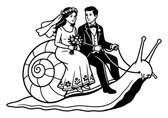 Bride and groom riding giant snail together in black and white graphic style © AnjaliDesai