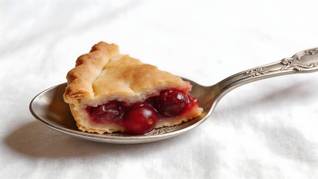 Slice of cherry pie on spoon