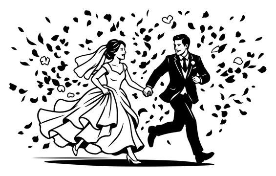 Newlyweds running through falling flower petals in dynamic black and white graphic style