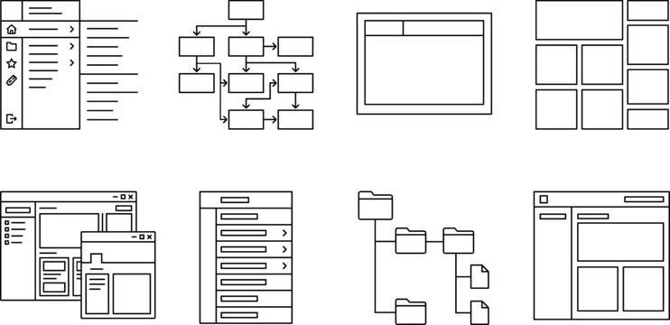 Website wireframe layouts and flowcharts against a white background for digital design planning