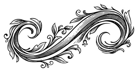 Decorative scroll ornament with leaf flourishes and floral motifs in vintage engraving style © AnjaliDesai