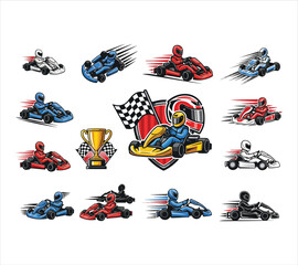 Fototapeta premium Collectionofvariouscolorfulgokartracingiconsandsymbolswithtrophyandflag