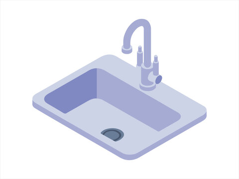 Isometric kitchen sink with faucet, modern plumbing fixture for home interior design, 3d vector illustration of a sink basin with tap