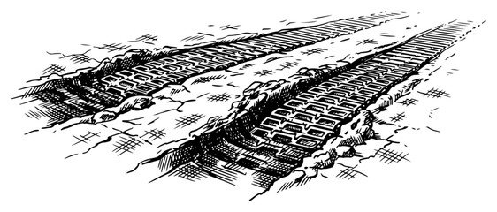 Heavy vehicle tire tracks on ground in vintage engraving style © AnjaliDesai