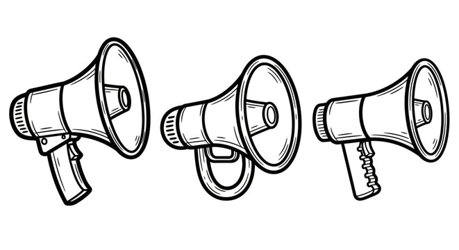 Vintage megaphone collection in black and white sketch style