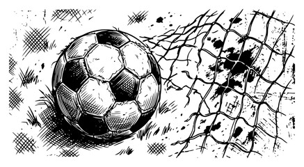 Soccer ball hitting the goal net on field in vintage engraving style © AnjaliDesai