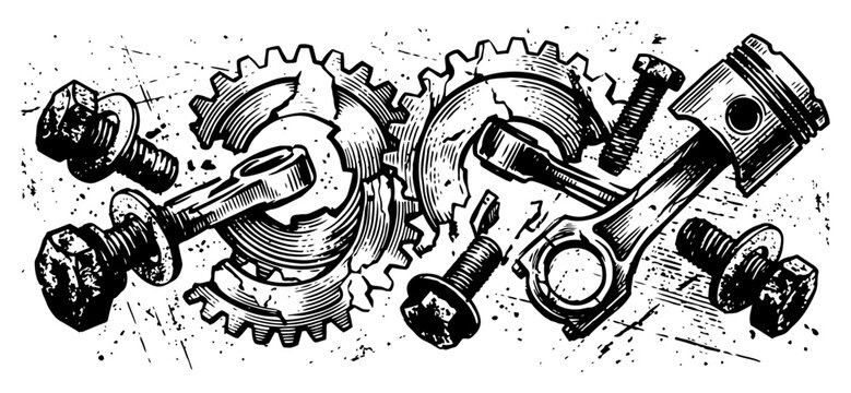 Mechanical engine parts with gears pistons and bolts in vintage engraving style