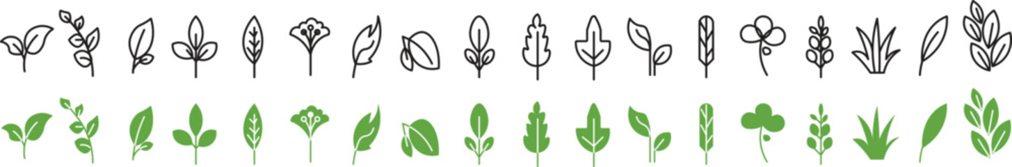 Fototapeta premium leaf icon set line and fill. Green leaf icons set. Green leaf ecology nature element vector icon set, Leaf Icon pack. Leaves icon Collection, design for natural, eco, bio, and vegan labels 
