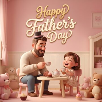 Happy Father's Day illustration, father and daughter having a tea party in a pink nursery, 3D cartoon style dad playing with child