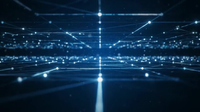Abstract Digital Network Connection with Glowing Blue Lines and Dots in a Dark Space.