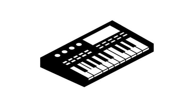 Minimal black silhouette icon, simple flat vector, bold black shape, no, no shading isometric vector icon of a digital music keyboard synthesizer on a, flat icon style