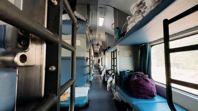 A Serene Train Journey: Capturing the Interior of a Sleeper Coach with Empty Berths and Luggage, Showcasing Comfortable Travel on Rails
