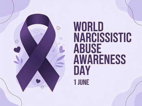 World narcissistic abuse awareness day poster with purple awareness ribbon and decorative elements on a light purple background