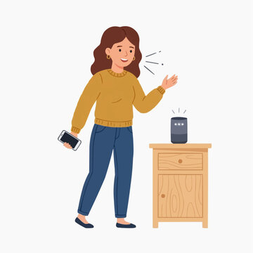 Woman using voice assistant smart speaker and smartphone at home
