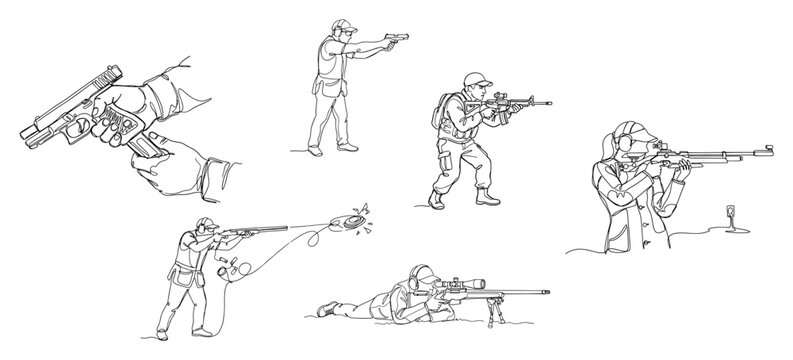 Firearm shooting training set with diverse weapons and marksmen in continuous line art style