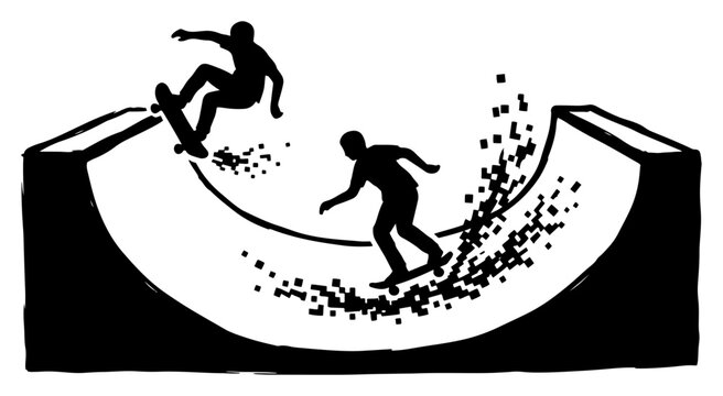 Skateboarders performing tricks on halfpipe with digital pixel dispersion effect in silhouette style