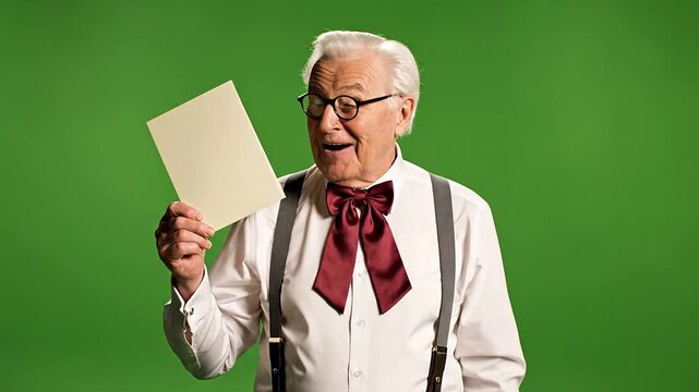 Cheerful Elderly Man in Burgundy Bow Tie Holding Blank Paper on Green Screen Background for Video Overlay and Compositing