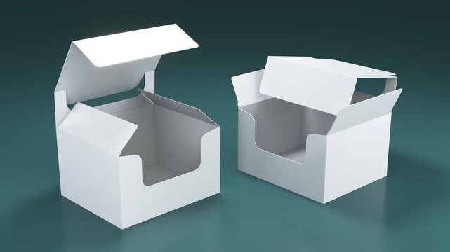Opening two white cardboard folding display boxes. 3d animation on blue green background