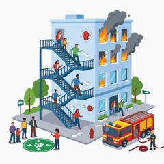 Fototapeta premium People evacuating a burning building using external stairs with a fire truck arriving