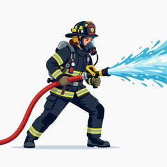 Obraz premium Firefighter spraying water from hose wearing protective gear and mask