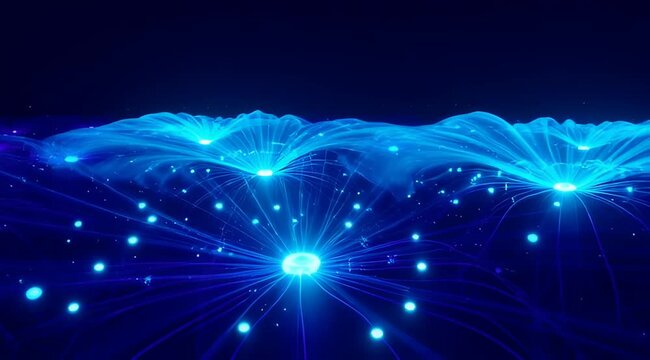 Abstract Blue Light Flower Bloom with Particles in Dark Space.