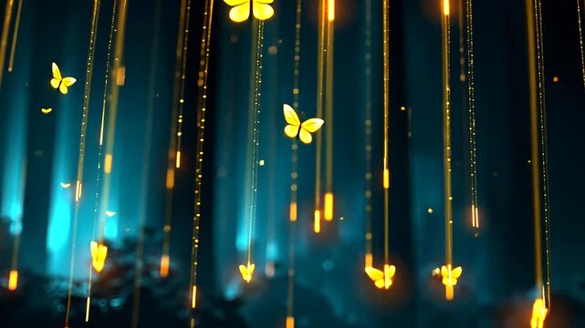 Glowing golden rain and butterflies in a mystical teal forest