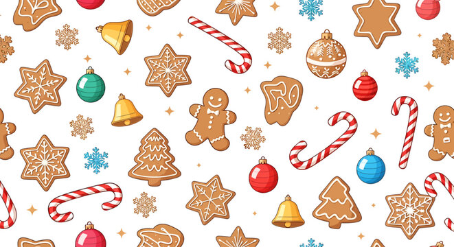 Seamless Pattern of Decorated Gingerbread Cookies Candy Canes and Festive Ornaments on White Background