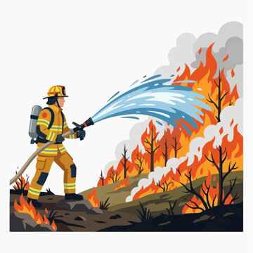 Firefighter spraying water on a forest fire with smoke and flames