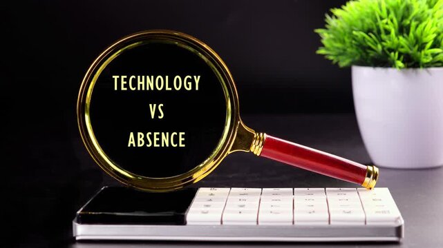 A golden magnifying glass on a desk with a white keyboard and a plant focuses on words. Random letters scatter, then precisely form the phrase Technology versus Absence