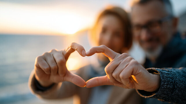 Mature man and woman making a heart gesture with their fingers at a golden sunset beach, couple in love concept, senior romance and aging together lifestyle, defocused ocean