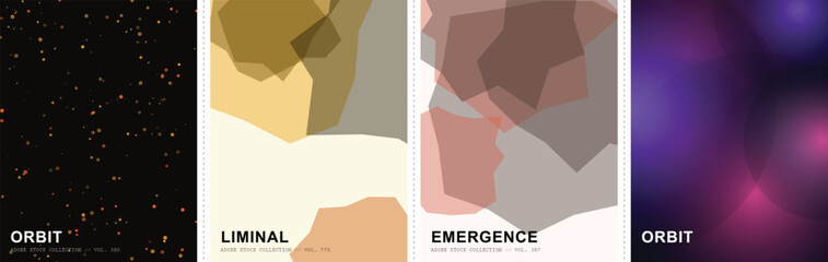 Abstract minimalist poster collection, set of 4 vector backgrounds with Orbit, Liminal, and Emergence themes, modern geometric and cosmic art prints © Ayesha Amjad