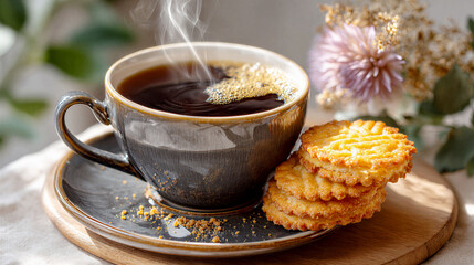 Fototapeta premium Coffee with cookies on a wooden plate with flowers in the background