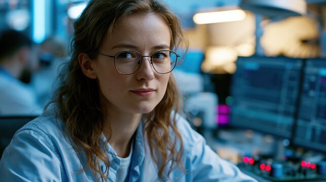 Female technician working at electronics diagnostics bench in laboratory