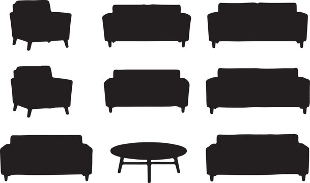Collection of modern sofa and coffee table silhouettes isolated on transparent background