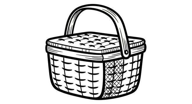 Hand-drawn picnic basket with handle in vintage style for classic designs