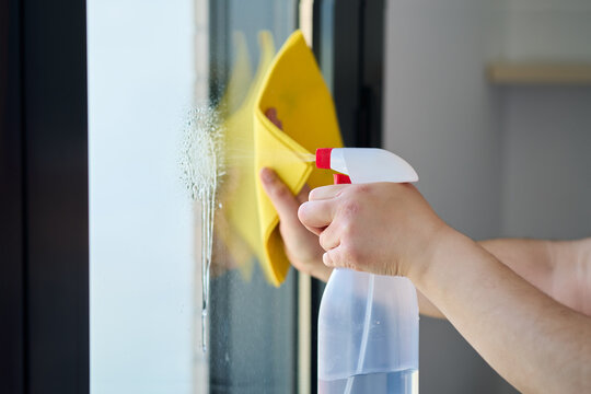 Cleaning, spray bottle and hands in gloves on window for hygiene, disinfection and bacteria for maid service. Housekeeping, spring clean and equipment