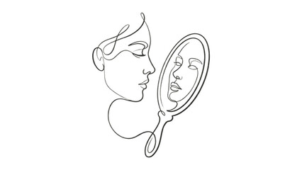 Continuous Line Drawing of Abstract Face in Mirror – Self Awareness and Identity Concept Minimal Art © Deshan