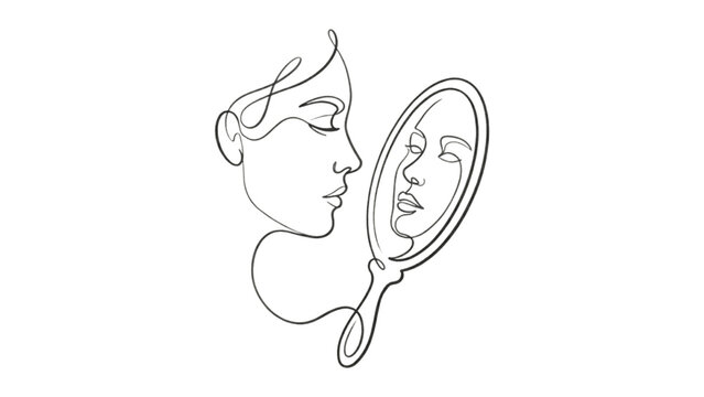 Continuous Line Drawing of Abstract Face in Mirror &ndash; Self Awareness and Identity Concept Minimal Art