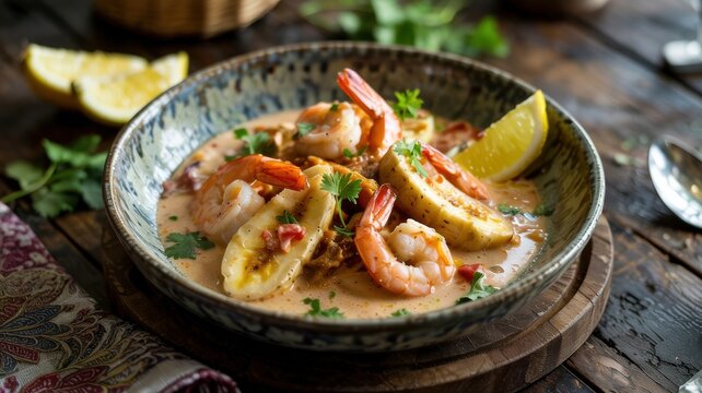 One of the most fragrant and festive dishes of Indonesian cuisine is Gulai Udang with fried plantaine bananas.
