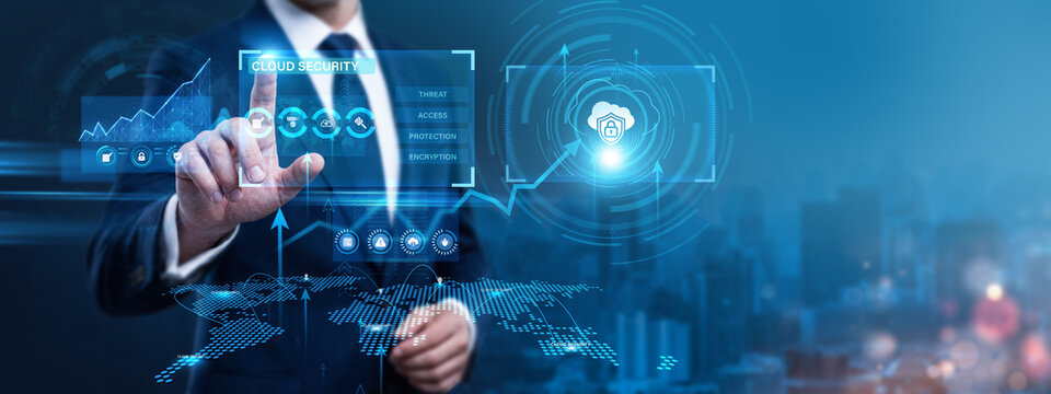 Cybersecurity Expert Using Digital Screen with Cloud Security and networking encrypted database data. Preventing cloud data breaches, monitoring threat intelligence feeds